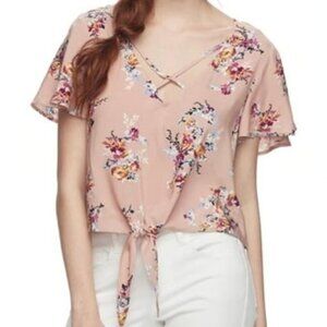 MUDD Pink White Floral Strappy V-Neck Tie Knot Short Sleeve Crop Top JUNIORS M